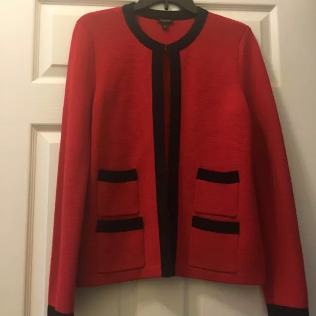 Talbots Cardigan Knit Sweater Jacket Red Black Trim HOOK EYE Women’s Size M EUC 