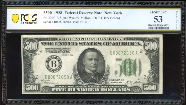 1928 $500 Federal Reserve Note Bill FRN FR-2200-B - Certified PCGS AU 53 Detail