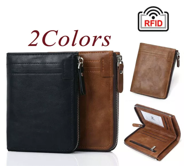 Bifold Leather Wallet Mens RFID Blocking ID Credit Card Holder Zipper Wallet