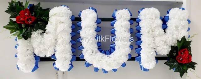 MUM Artificial Silk Funeral Flowers Any 3 Letter Name Tribute Wreath BRO DAD NAN