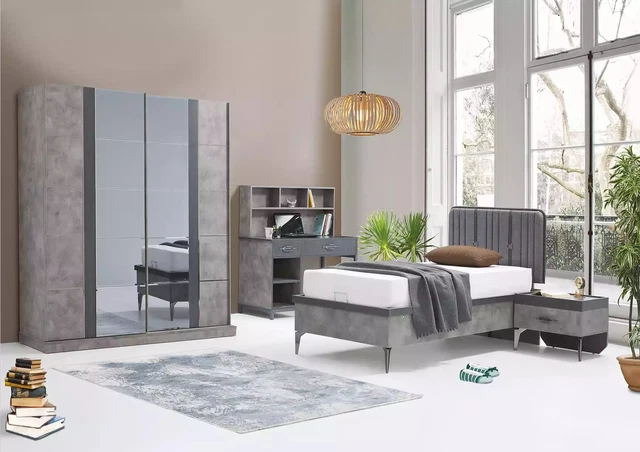 Juego de dormitorio gris mesita de noche armario escritorio gris