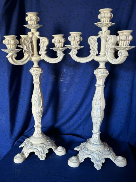 Coppia (Rara) Di Candelabri In Maiolica, Xx Secolo