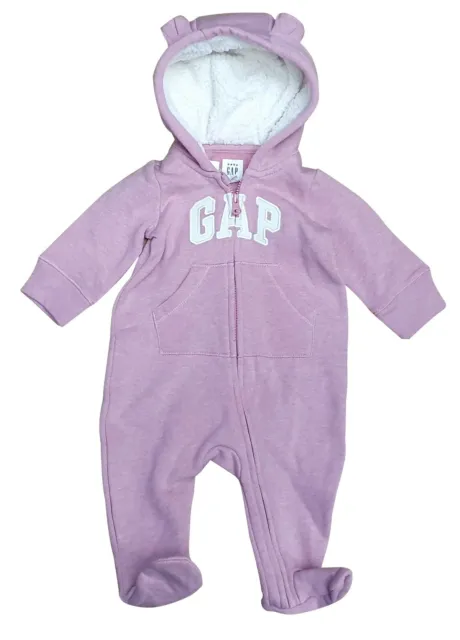 GAP Baby Girls Long Sleeve Zip Up Pink Babygrow & Feet Fleece Hood MRRP £29.99