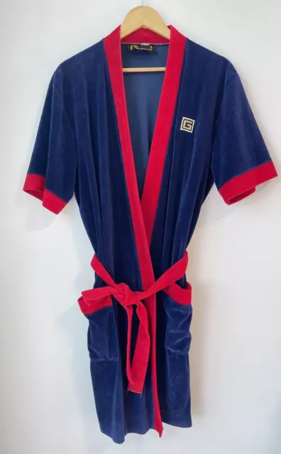 Givoni Blue and Red Velour 70's Mens Belted Vintage Dressing Gown - Unisex Style 3