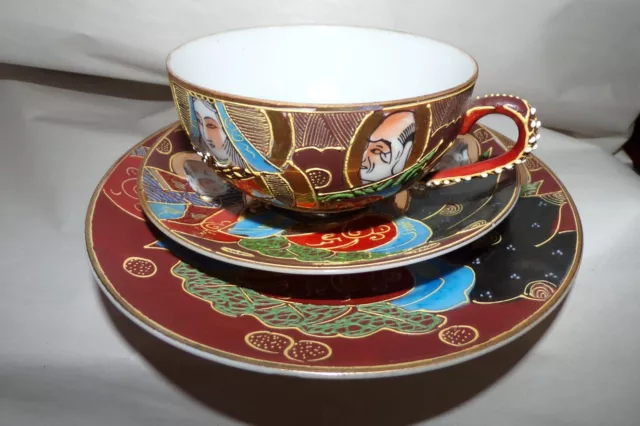 Japanese Geisha Girl Lithophane Kutani Moriage Immortals TeaCup & Saucer Set 3pc