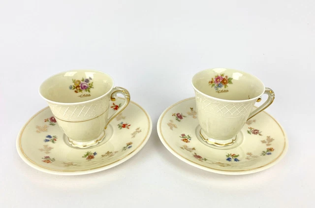 Lot De 7 Tasses Et 11 Soucoupes Limoges - Motif écossais Rayures Fuchsia Et Vert Doré