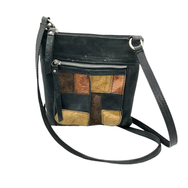 Patchwork Fossil Shoulder Bag Women's Black Leather Inner Pockets Crossbody