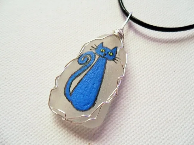 Cute cat hand painted sea glass necklace - choice of colour and cord length