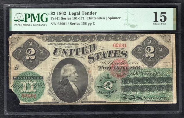 Fr. 41 1862 $2 Two Dollars Legal Tender United States Note Pmg Choice Fine-15