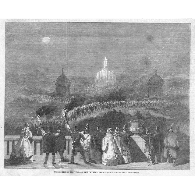 SCHILLER FESTIVAL Torchlight Procession at the Crystal Palace Antique Print 1859