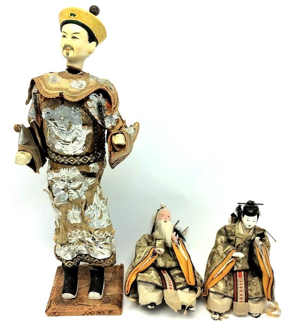 Antique Chinese China Unusual Porcelain Head Old Fabric Figures Warrior Scholars