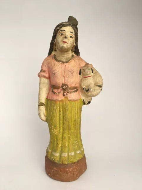 Vintage Cuite Main Peint Fabriqué En Inde Femme Avec Chien Statue Décoratifs