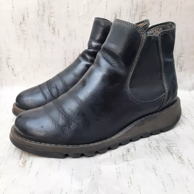 Womens Fly London Salv Black Leather Chelsea Ankle Boots Size Eu 38 Uk 5