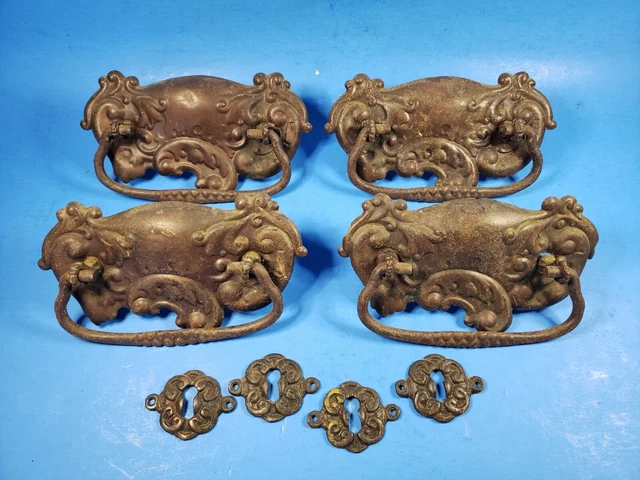 Vintage Drawer Pulls Pressed Brass Backplate Handles Cast Escutcheons Steel Bail