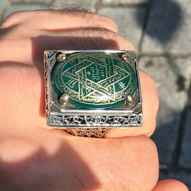 Ring Silver Seal of Solomon Handmade Green Agate Aqeeq Islamic Talisman Jewelry