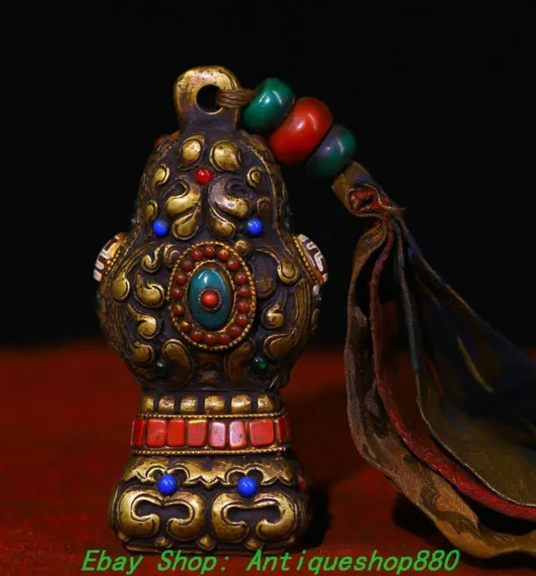 4.3''Old Tibetan Bronze Inlay Gems Dzi Bead Turquoise Exorcism Amulet Pendant
