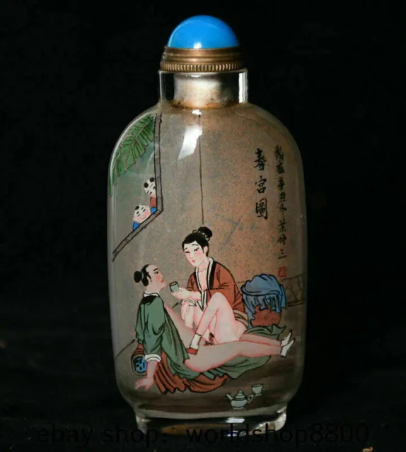 4.2" Old Chinese Glass Inner Painting Dynasty Man Woman Make Love Snuff box