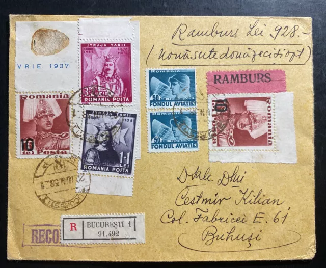 1938 Bucarest Romania Commercial Registered Cover To Buhusi