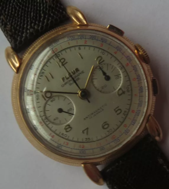 Fleur big chronograph mens wristwatch gold filled case load manual cal. Valjoux