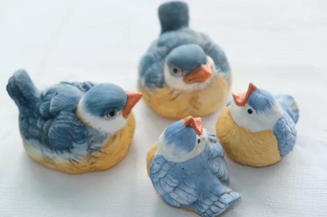 1980s Vintage Meico Inc~4 Bluebirds Adults & Baby Birds ~ Porcelain Figurines