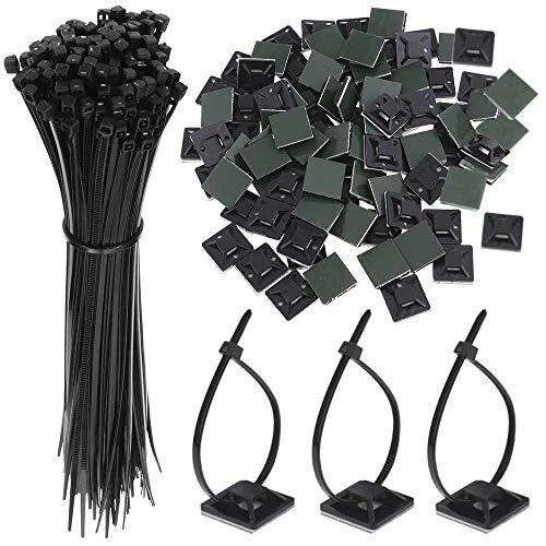Faburo 100PCS Zip Tie Adhésifs Noir Collier de Serrage Supports Auto-Adhésifs 15