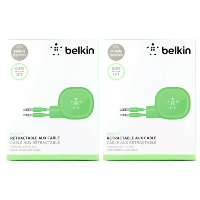 2x BELKIN MIXIT RETRACTABLE AUDIO CABLE AUX 3.5MM 90CM SPEAKER AV10039BT03-GRN