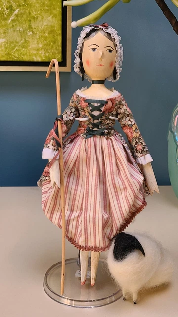 Vintage Peg Doll FRED LAUGHON Wooden Curls Bo Peep Sheep Signed