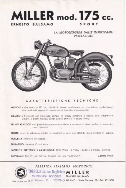 Volantino  (Flyer) Motocicletta Miller  175 cc Sport - Ernesto Balsamo - Milano