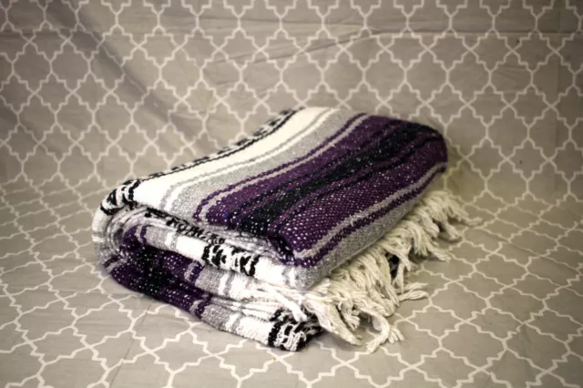 NEW! HN Authentic Mexican Blankets - Hand Woven Blanket - Purple Grey