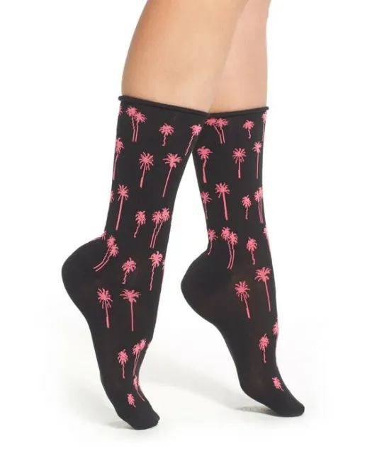 Hue Women Jean Socks 3-Pair Black Neon Pink Palm Trees One Size 2294