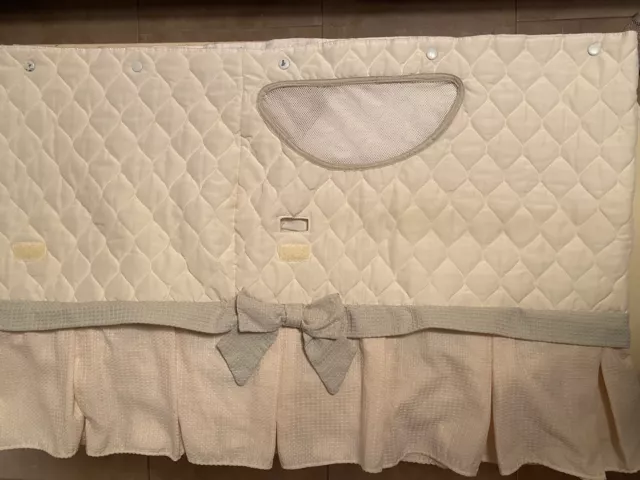 Bassinet Skirt With Fabric Mesh Basket - Quilted Beige With Green Trim Bassinet Skirt With Fabric Mesh Basket - Quilted Beige With Green Trim