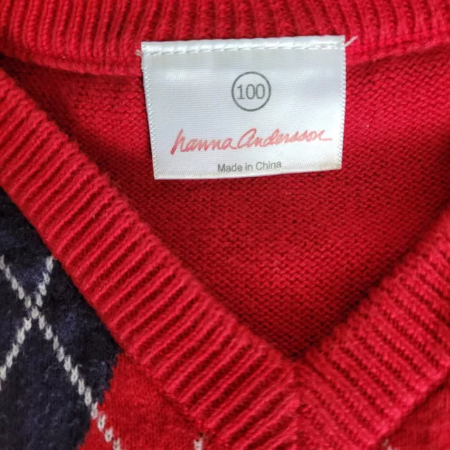 Hanna Andersson sweater red blue gray argyle v neck 100% cotton kids boy 100/ 4