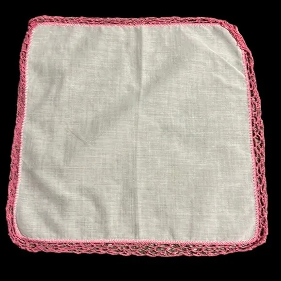 Vintage Handkerchief White Pink Crocheted Edge Square 11" Cotton Hankie