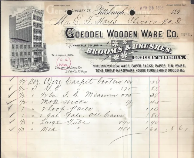 1896 Goeddel Wooden Ware Co Pittsburgh  PA Receipt Antique Ephemera