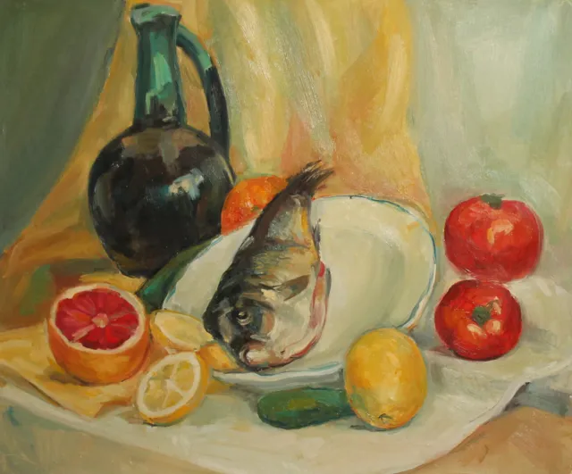 Impressionist still life with fruits, vegetadbles and fish oil painting