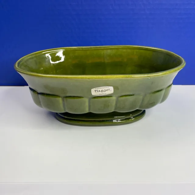 Vintage Haeger Green Pottery Pedestal Planter Oval Ribbed Mid Century Made USA 2