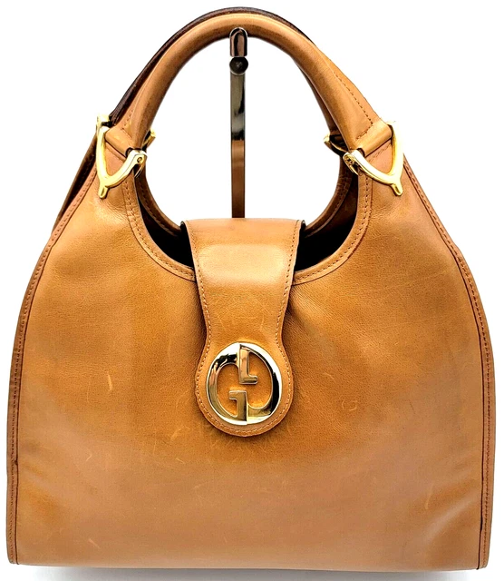 AUTHENTIC GUCCI TOTE Shoulder Bag Leather Soft Stirrup Brown Camel