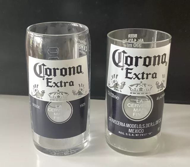 2 X Rare Corona Extra Half Pint Beer Lager Glass’s (inc Man Cave Upcycled)