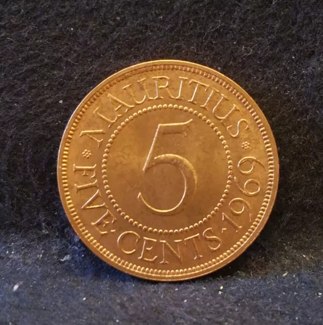 1969 British Mauritius 5 cents, Elizabeth II, RB UNC, KM-34 (MU7)