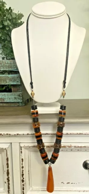 Vintage Butterscotch Black Bakelite Celluloid Long Pendant Necklace