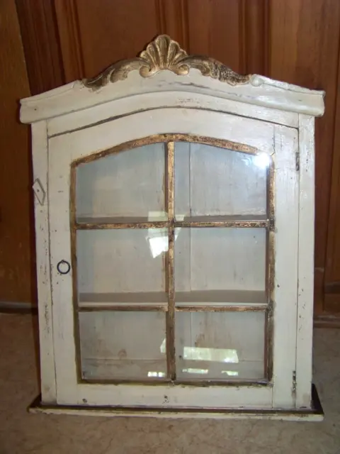 Antique Wall Curio Cabinet Window Pane Door--Solid Wood & Glass  23.5"H