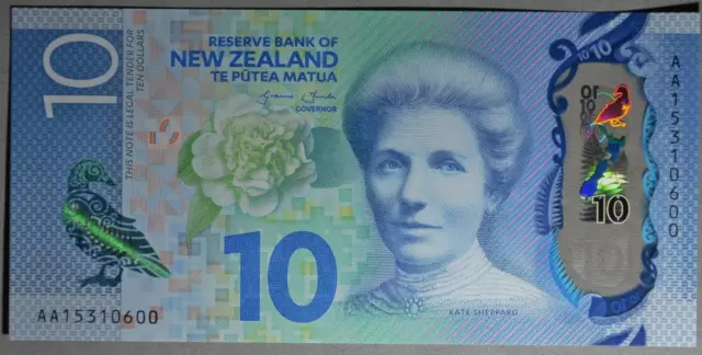 New Zealand $10 Dollars - 2015 - First Prefix Aa - Polymer - Unc