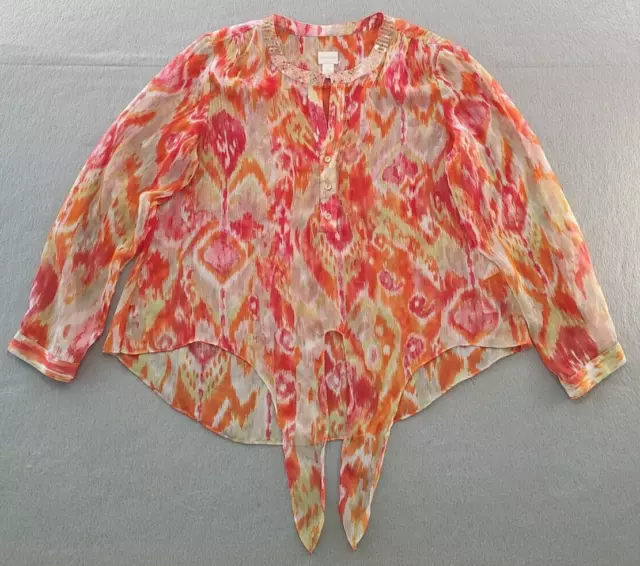 Chicos Summer Ikat Moria Blouse Sheer Sequin Front Tie V Neck Orange Size 2 US L