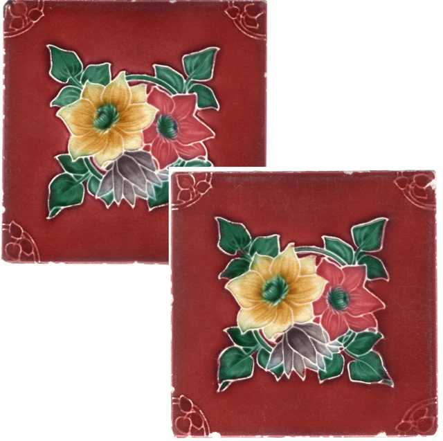 T. & R. Boote & Co - c1900 - Red & Yellow Floral - Antique Majolica Tiles-2ea