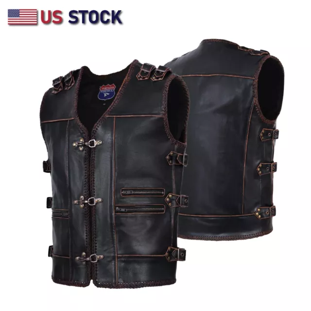 Mens 100%Genuine Leather Heavy Metal Zipper Buckled Rocker Braided Vest-11699BRN