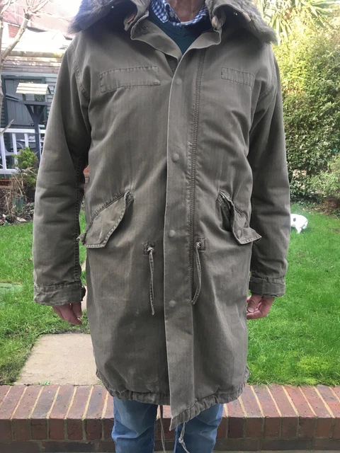 Men's warm, heavy-duty, fleece-lined, military style parka, faux-fur-edged hood