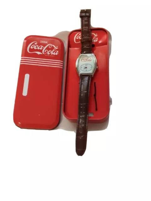 Coca-Cola Wrist Watch Brown Leather Band New In Coke Tin Needs New Battery