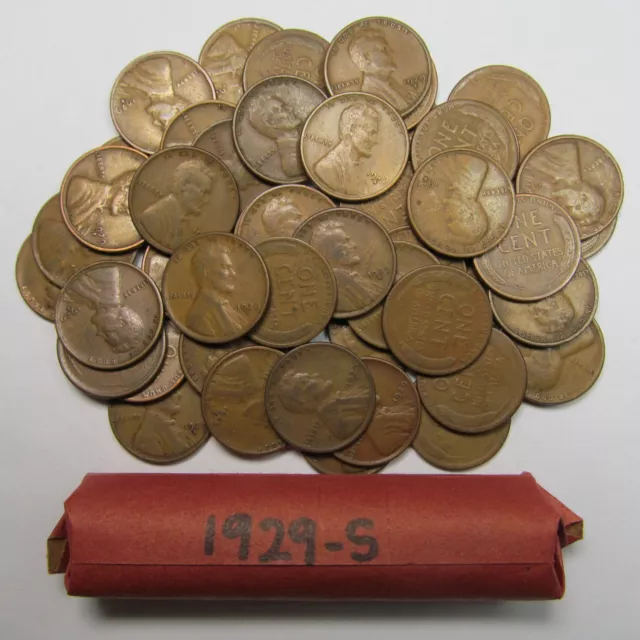 1929-S Lincoln Cents/Wheat Penny Roll of 50 Average Circulated Good+ Pennies Lot
