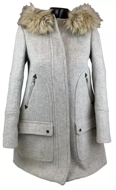 J.Crew Coat Womens 00 Chateau Parka  Italian Wool Faux Fur Hooded Jacket Gray