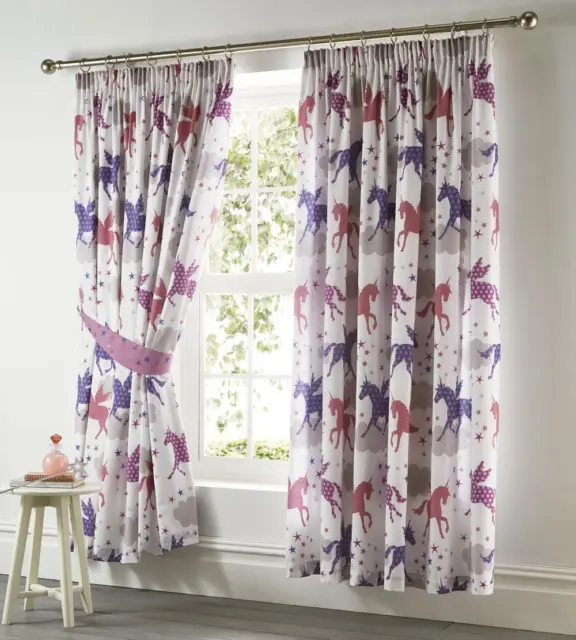 Unicorn curtains girls pencil pleat pair of lined curtains tie backs CLEARANCE